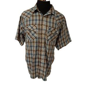 Vtg Western Frontier Mens 3XL Brown Blue Stripe/Plaid Pearl Snap Shirt